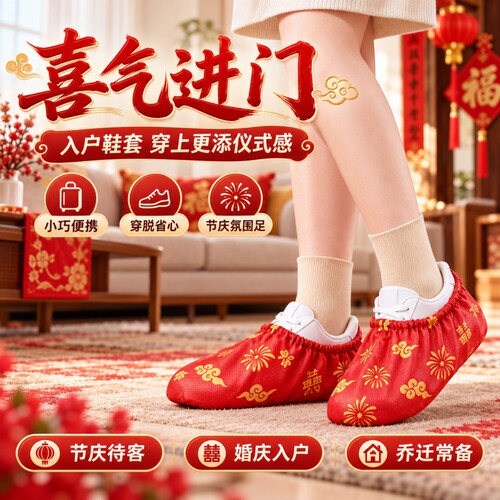 新年婚庆红色喜庆一次性鞋套无纺布加厚防滑室内结婚脚套家用透气