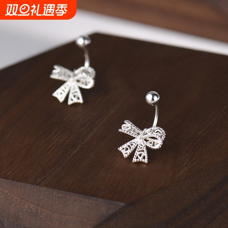 S999纯银耳钉女蝴蝶结小清新甜美耳骨钉韩版拧扣时尚养耳洞饰品