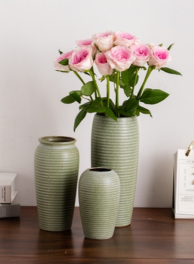 新中式复古陶瓷花瓶干花鲜花陶罐客厅插花摆件轻奢高级感绿色花器