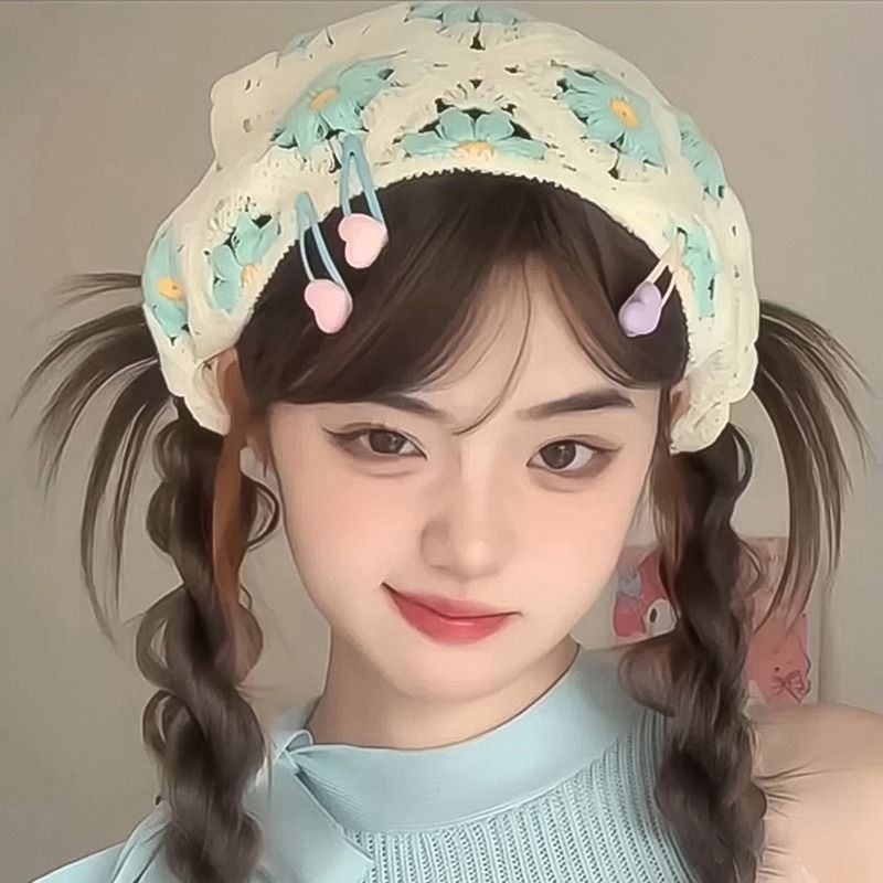 法式头巾女甜美可爱发带针织三角巾潮三角形草莓多巴胺花卉拍照