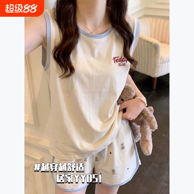 纯棉睡衣女带胸垫背心短裤家居服图片