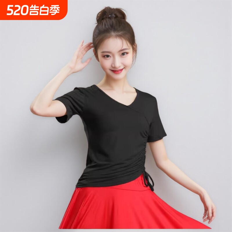 广场舞服装新款莫代尔抽绳短袖上衣舞蹈练功服瑜伽服跳舞衣服女夏