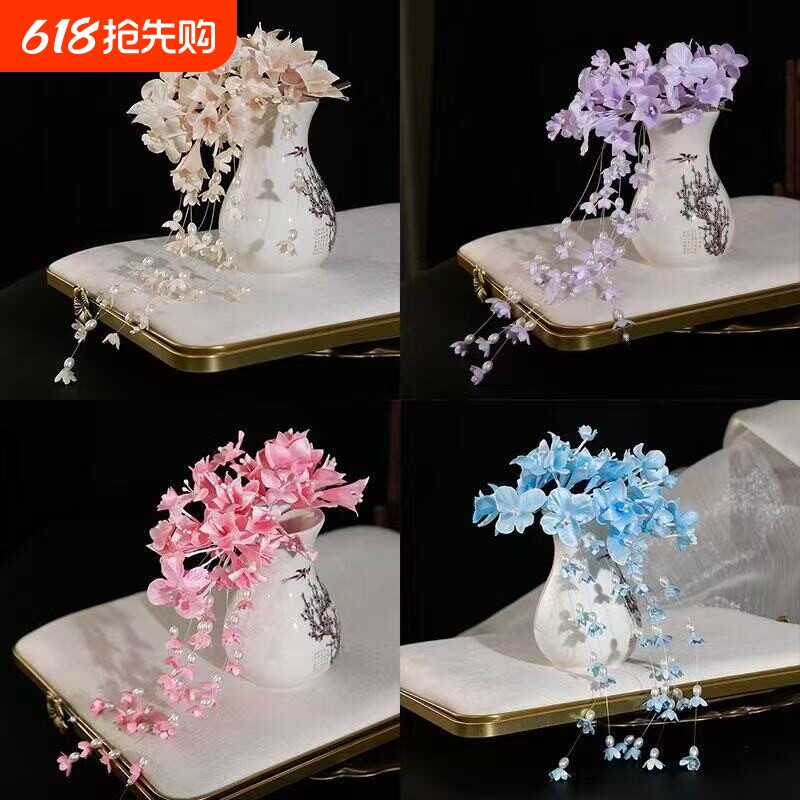 原创设计超仙古风紫色铃兰花流苏发夹烫花发饰旗袍马面裙汉服头饰