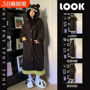 冬季可爱无牙仔睡袍珊瑚绒加绒加厚睡衣卡通连帽长款舒棉绒家居服