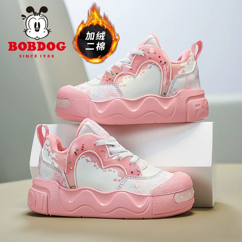 巴布豆女童鞋子加绒二棉保暖2025冬季新款棉鞋休闲时尚儿童运动鞋
