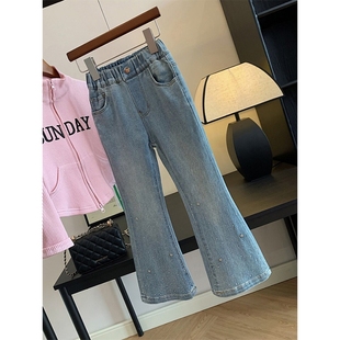 女童一体加绒牛仔裤儿童春秋冬季烫钻喇叭裤中大童洋气加厚微喇裤
