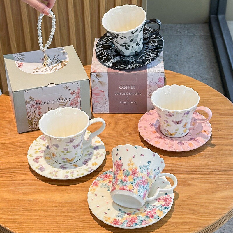复古繁花陶瓷咖啡杯碟礼盒下午茶拿铁马克杯送女生生日礼物伴手礼