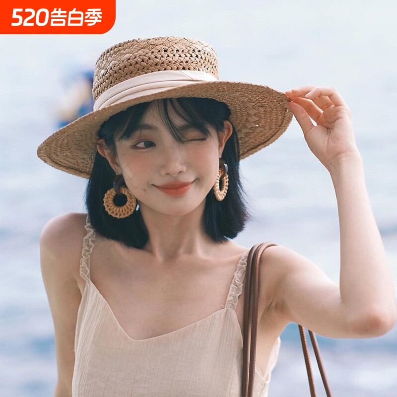 法式复古老钱风镂空平顶草帽女夏季海边度假风遮阳帽礼帽防晒帽子