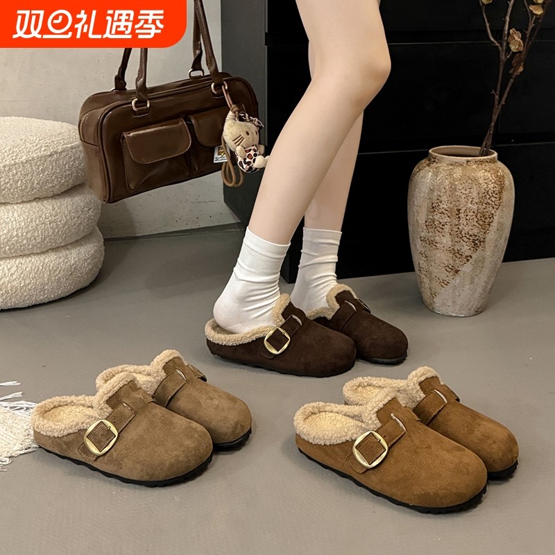 加绒勃肯鞋毛毛鞋女外穿2025新款秋冬季一脚蹬包头半拖鞋博肯棉鞋