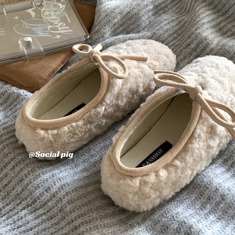唔~太可爱了哇！平软底羊羔毛毛鞋女外穿秋冬季加绒单鞋棉鞋圆头