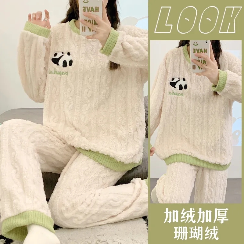 韩版睡衣女秋冬季珊瑚绒加厚ins新款宽松卡通法兰绒家居服套装潮