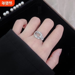925纯银结扣马蹄扣戒指女士镶嵌长方钻网红轻奢时尚指环名媛甜美