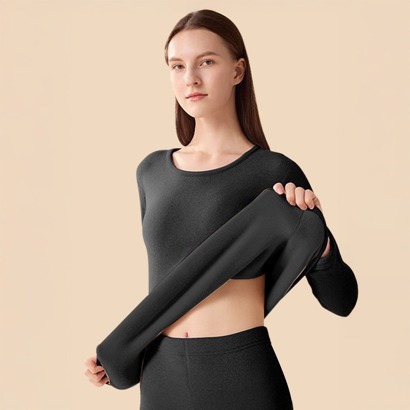 雅鹿女士保暖内衣加绒加厚打底女款中青年秋衣秋裤套装黑色冬季