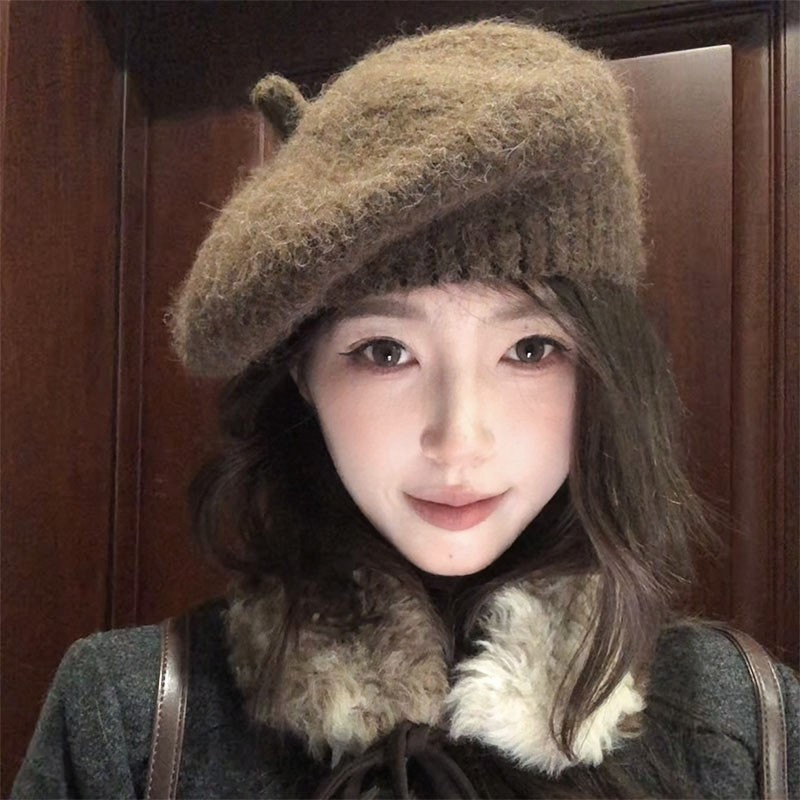 韩系氛围感针织帽子女冬季保暖贝雷帽马海毛画家帽红色灰色白色