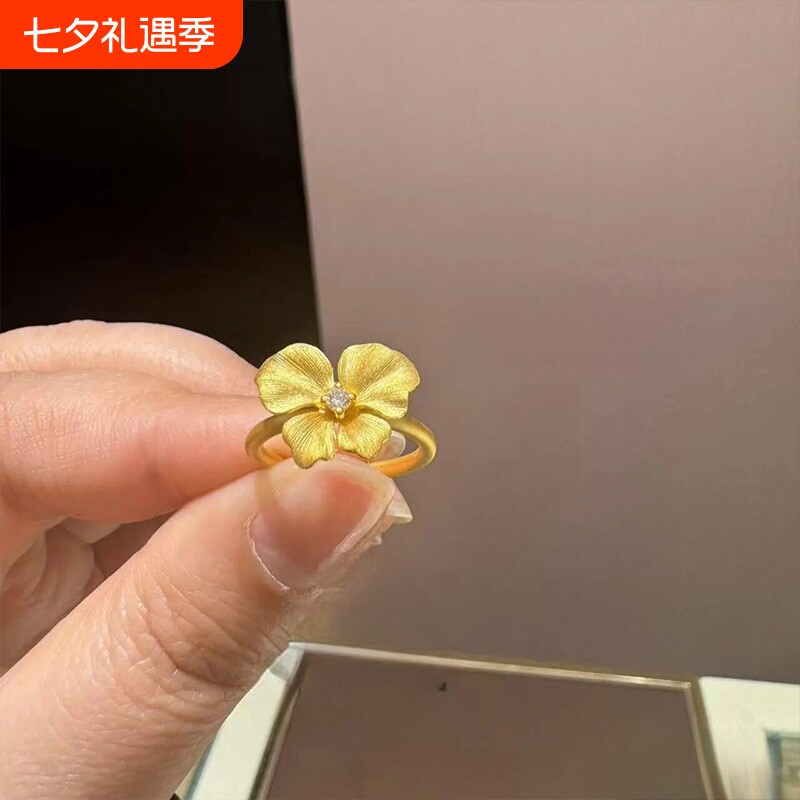 新中式复古国潮风金色拉丝蝴蝶花戒指女开口指环可调节小众食指戒