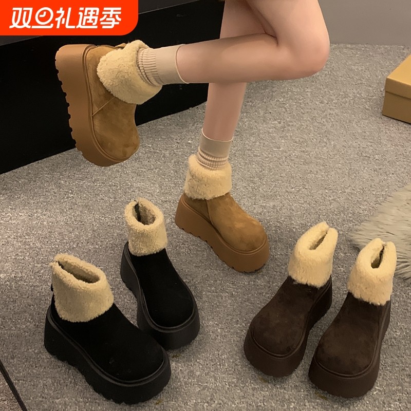 他她女孩雪地靴女2025冬新款小个子中筒大头厚底加厚加绒保暖棉鞋