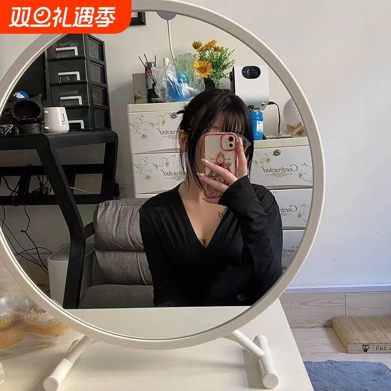 感应带灯化妆镜桌面台式LED网红拍照ins风家用卧室梳妆大号圆镜