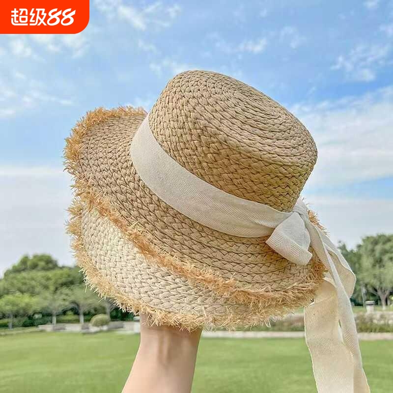 亲子款夏季毛边飘带平顶儿童草帽女童大檐母女度假遮阳帽潮