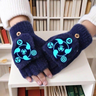 儿童手套翻盖男童秋冬半指羊绒加厚小学生女保暖露指骑车写轮眼
