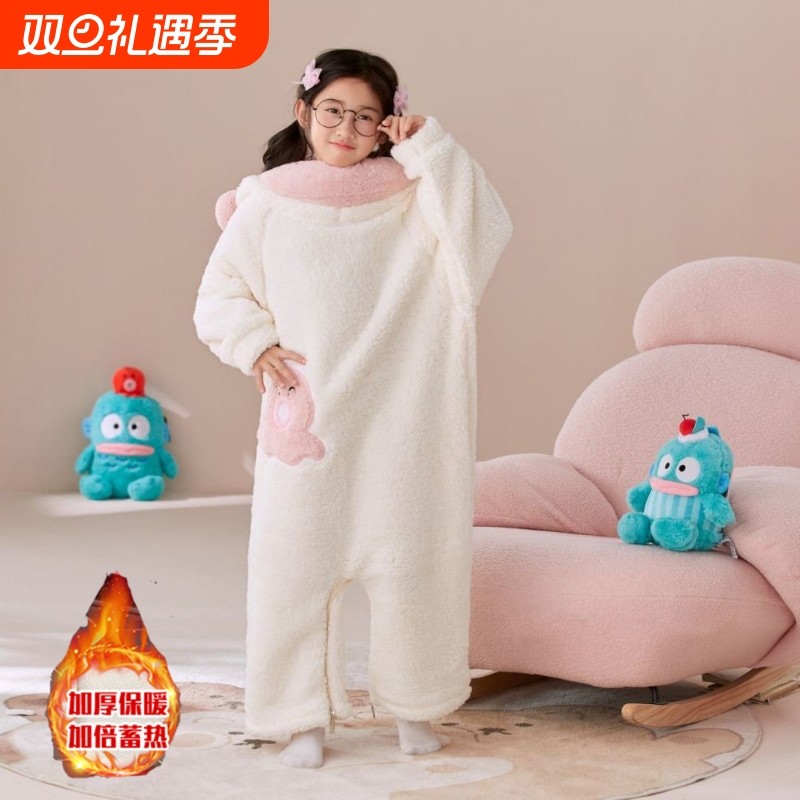 新款白色丑鱼儿童可爱搞怪连体睡衣女亲子秋冬季加厚珊瑚绒家居服