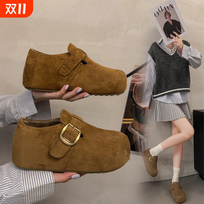 加绒勃肯鞋2025秋冬新款厚底内增高5cm全包博肯鞋小个子毛毛鞋女