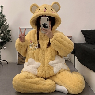 睡衣女款2025新款冬季三层夹棉加厚加绒保暖珊瑚绒女士家居服薄款