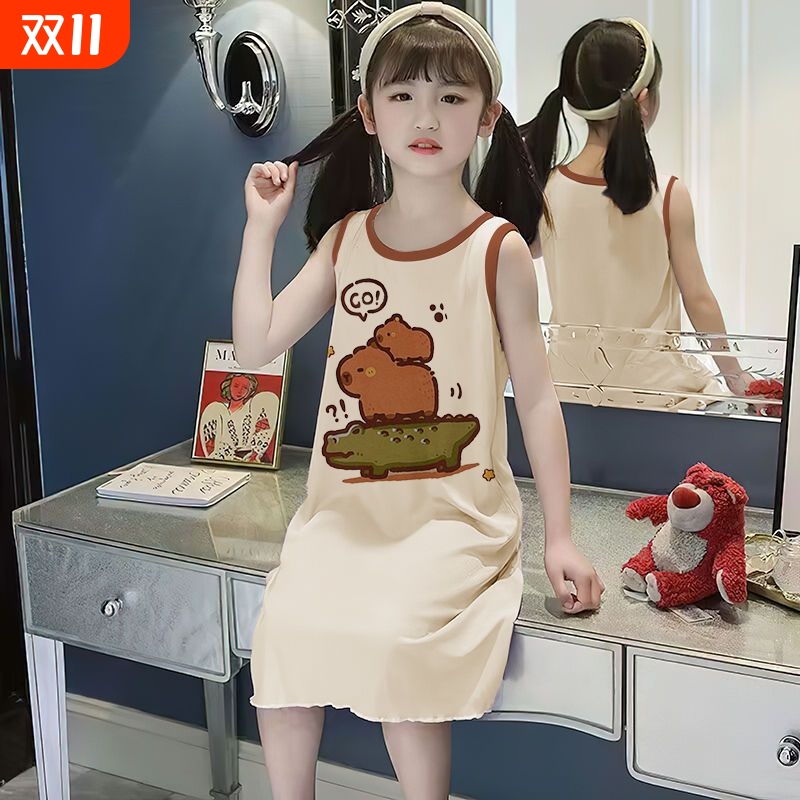 2025新款女孩冰丝莫代尔女童夏季背心裙卡通睡衣裙母女亲子家居服