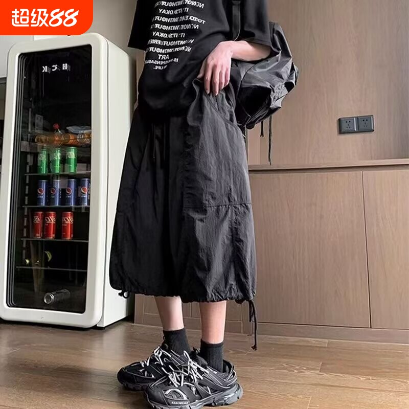 男童休闲裤山本风七分裤子夏季速干工装裤美式阔腿伞兵裤薄款黑色图片
