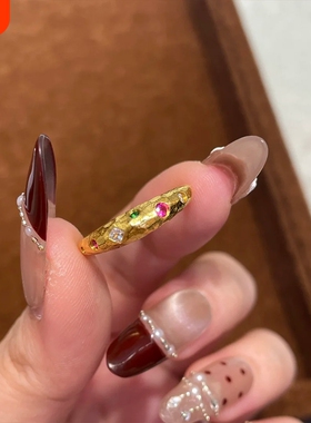 古法黄金色多巴胺糖果锤纹戒指