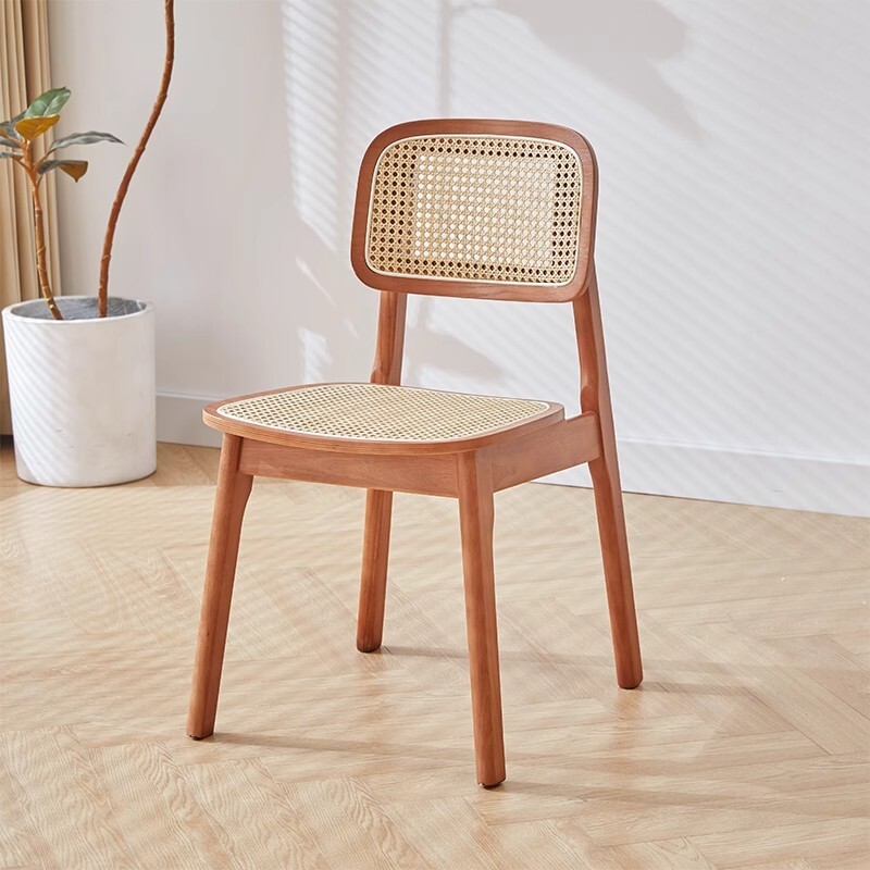 藤编实木餐椅家用休闲简约网红北欧法式餐厅中古靠背椅子软包原木