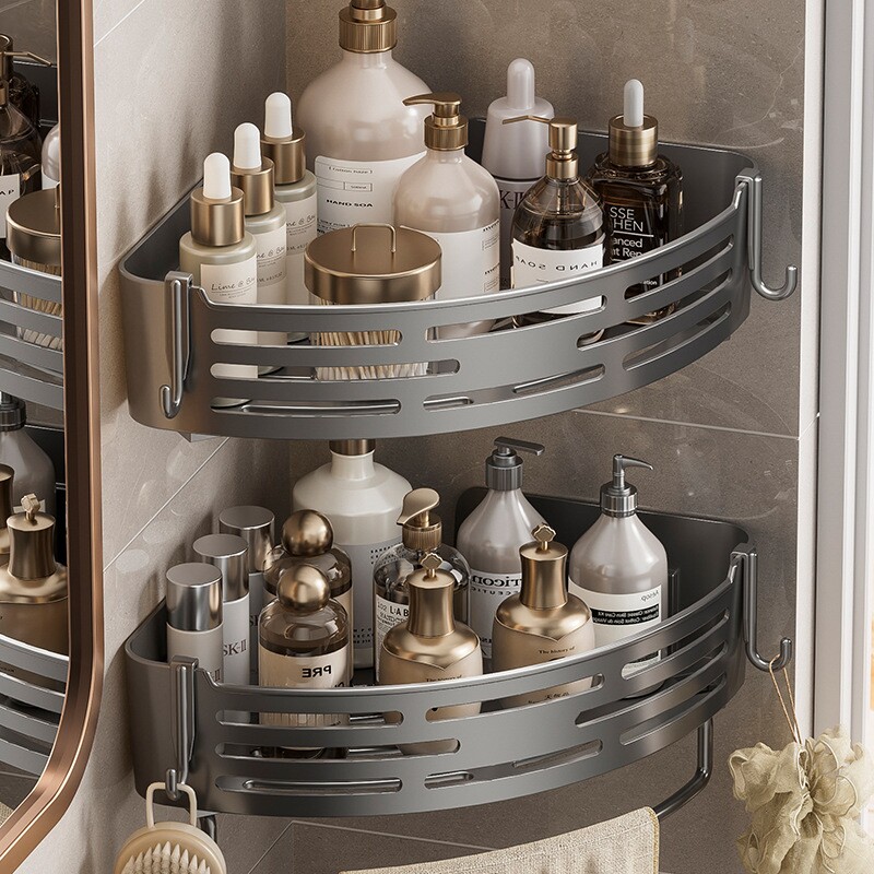 浴室卫生间厕所置物架免打孔厕所洗手间壁挂式墙角收纳三角架枪灰