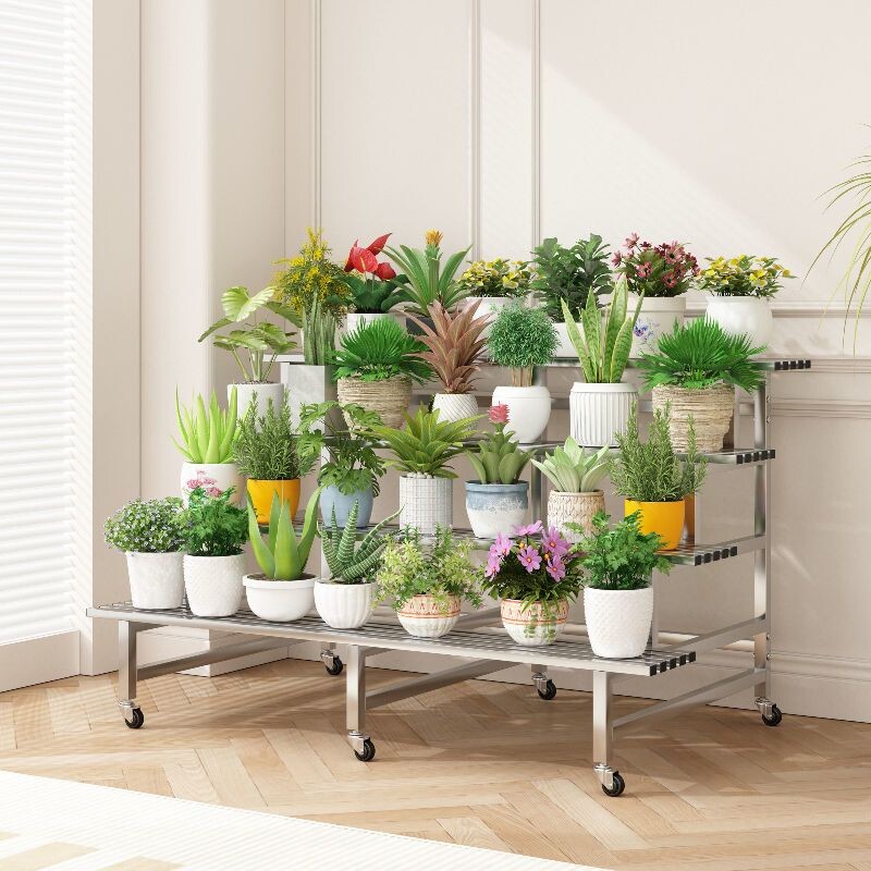 d室内带轮可移动不锈钢花架阳台阶梯多层置物架户外多肉花盆三层