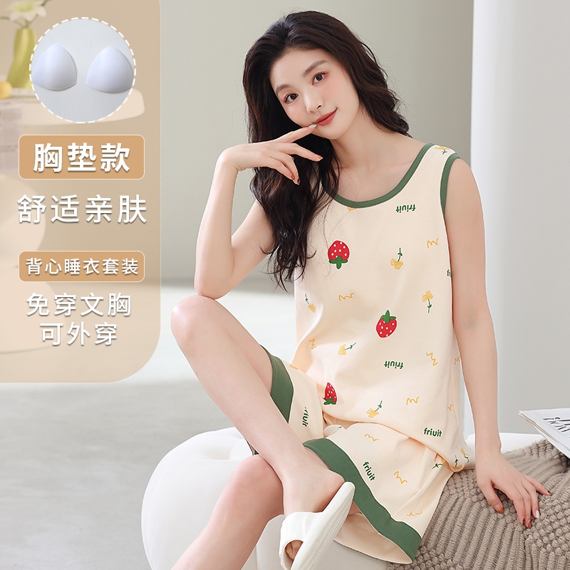 夏季纯棉带胸垫背心睡衣女士2025新款甜美可爱无袖短裤家居服套装
