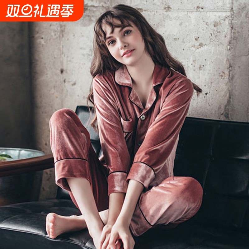红豆金丝绒睡衣女秋冬长袖薄款大码胖MM200斤家居服春秋季可外穿