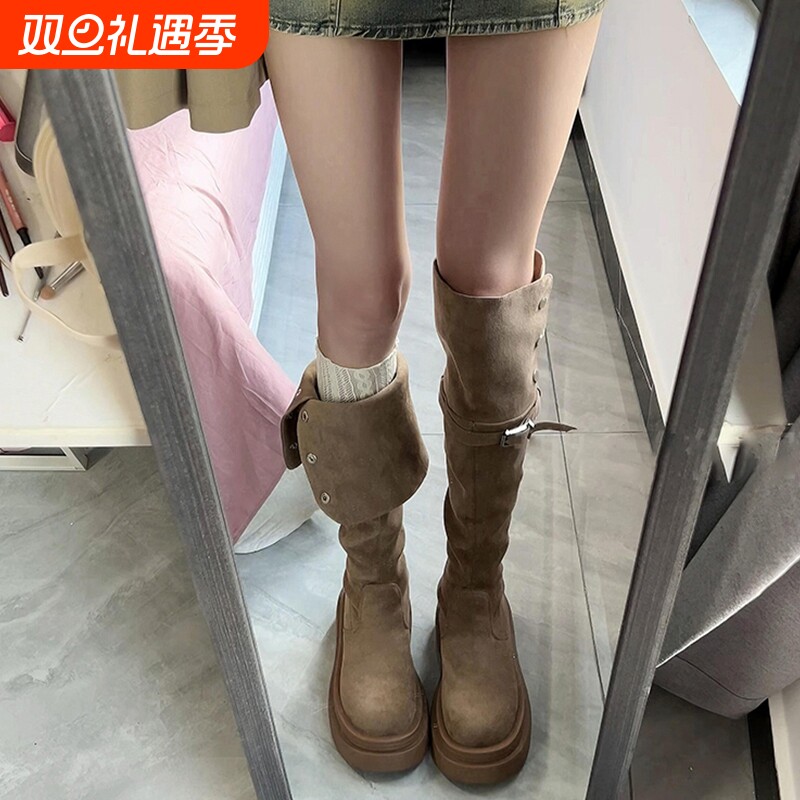 长筒靴女2025新款春季季绒面长靴女款显瘦高筒靴子棕色黑色卡其色