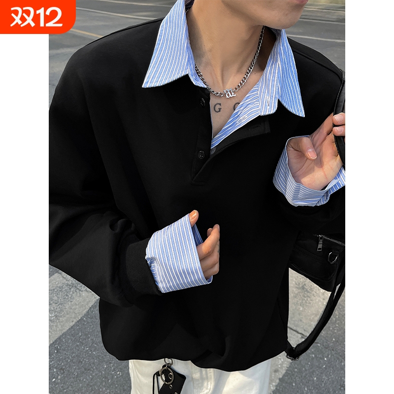 美式衬衫领长袖T恤男加绒假两件翻领拼接宽松套头上衣外套春秋季