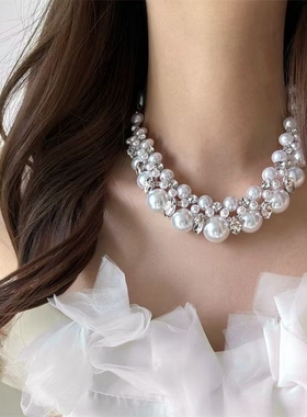 重工轻奢风不规则串珠闪钻choker项链小众时尚大气锁骨毛衣链法式