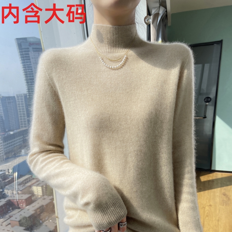 一线100%纯羊毛半高领针织衫秋冬新款宽松套头打底毛衣大码女装
