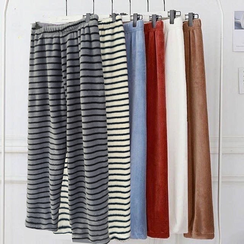 睡裤女长裤秋冬条纹遛弯裤加绒加厚法兰绒暖暖裤珊瑚绒直筒家居裤