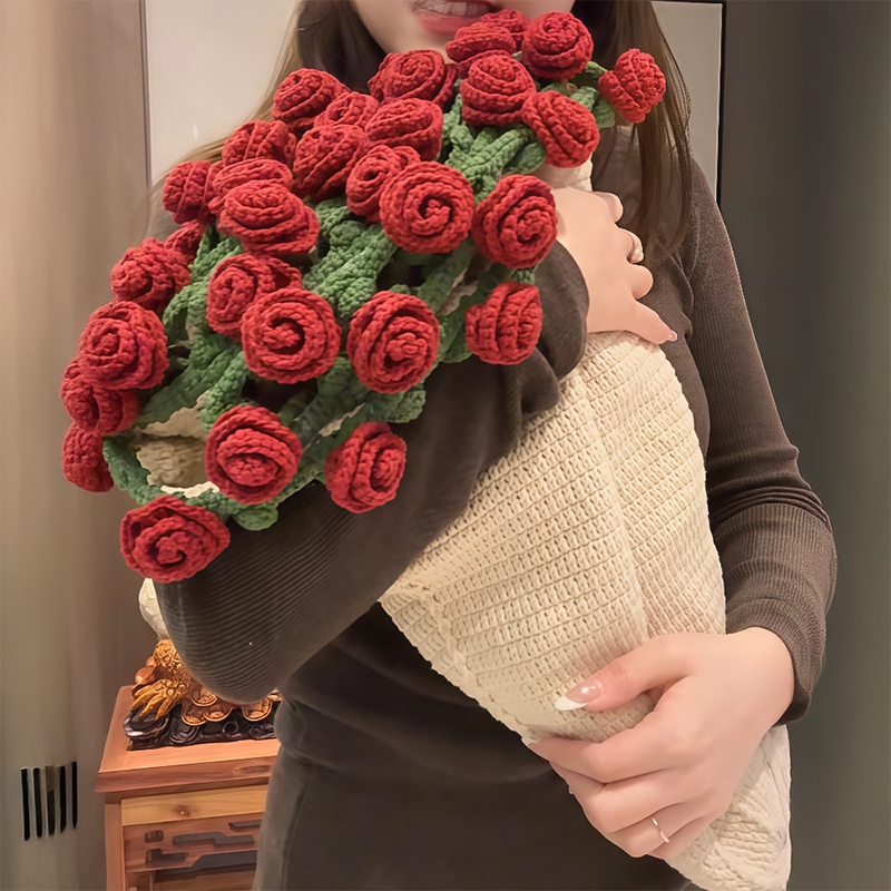 玫瑰花束毯子手工编织diy材料包毛线团钩织花朵毛毯花勾针手织毯