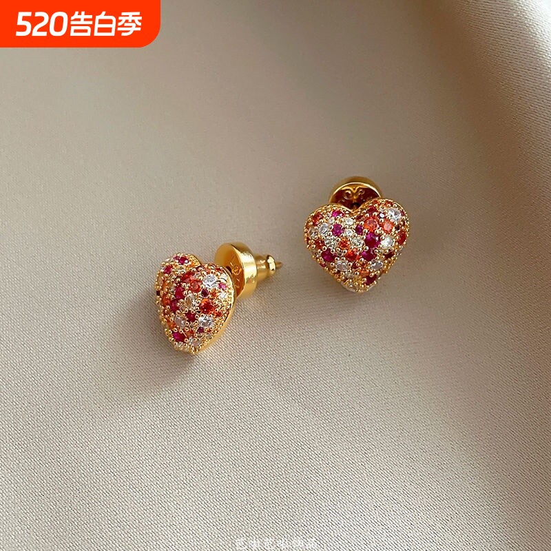 小众紫红色多彩爱心锆石耳钉女耳夹小巧精致时尚气质独特绝美耳环