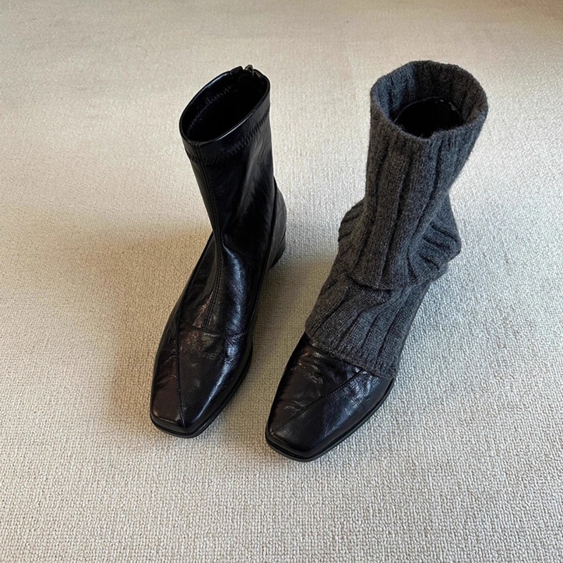 羊皮小短靴女2025年秋冬新款真皮气质方头软底平底瘦瘦靴女粗跟