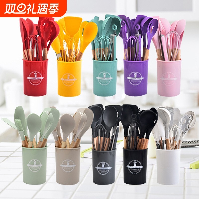 硅胶厨具12件套木柄耐高温烹饪工具不粘锅厨房铲勺锅铲十二件套装