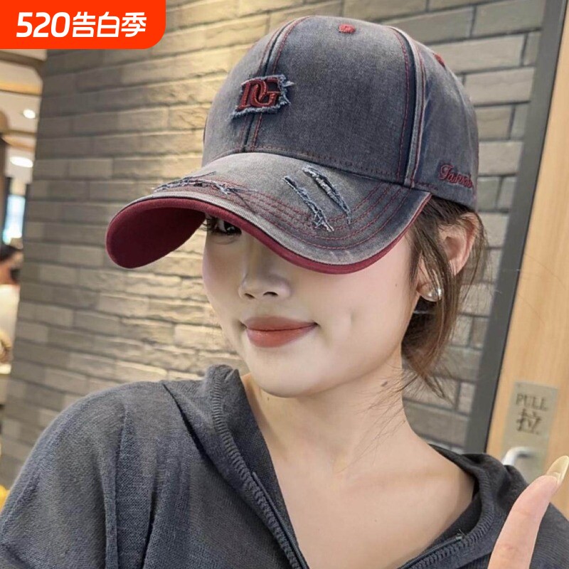 美式复古硬顶帽子女士春秋新款街头棒球帽男破洞鸭舌帽显脸小加宽