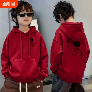 男童潮款帅气加绒红色卫衣秋冬季2025新款儿童宽松一体绒连帽上衣