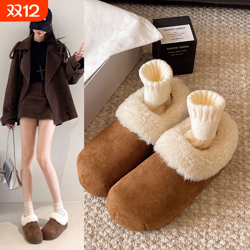 毛绒保暖内增高勃肯鞋女外穿2025冬新款加绒一脚蹬大棉鞋鞋子棕色