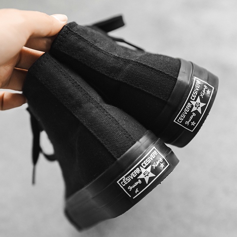 2023春夏全黑高帮帆布鞋女韩版ulzzang学院风板鞋港味复古