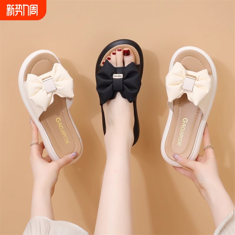真皮厚底踩屎感外穿凉拖鞋女2025新款夏平底增高一字拖防滑蝴蝶结