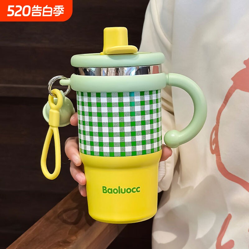 新款2026双饮水杯女生大容量高颜值咖啡保温杯把手带吸管随行杯子