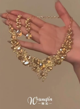 「镜厅浮光」法式宫廷风黄色闪钻项链复古重工精致华丽轻奢锁骨链